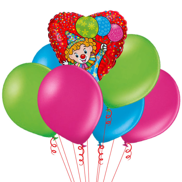 Букет Клоун с шарами Сердце фольга 46см 1шт+шары латек без рисунка 6 шт с гелием+обработка+грузик