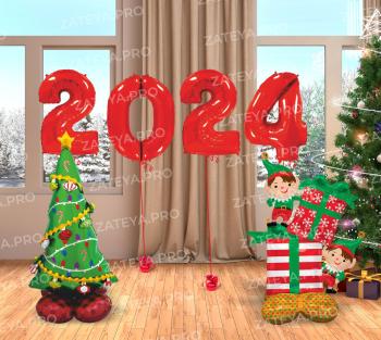 Композиция из воздушных шаров 2024 Эльфы с подарком и Елочка 6 шт